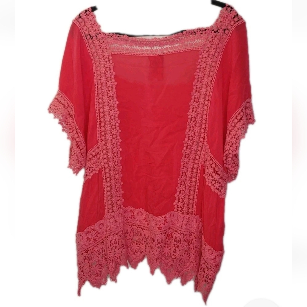 Johnny Was Boho Crochet Lace Georgette Top Woman XXL Crinkle Barbie Pink Coastal - Picture 7 of 15